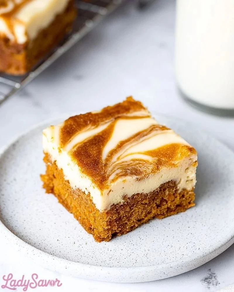 Delicious carrot cake cheesecake bars topped with cream cheese frosting.