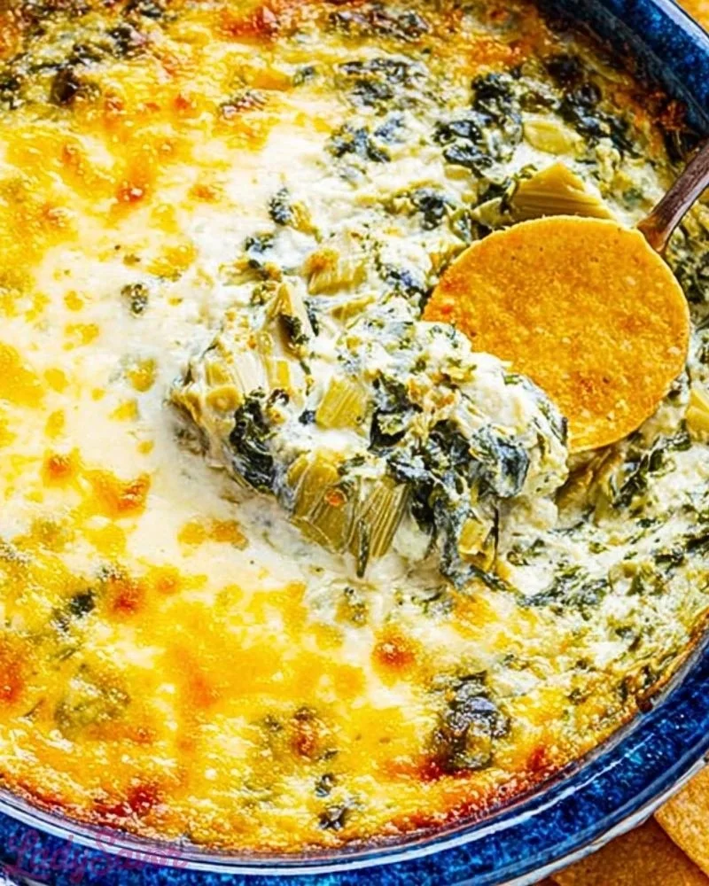 Serving a creamy hot spinach and artichoke dip in a baking dish